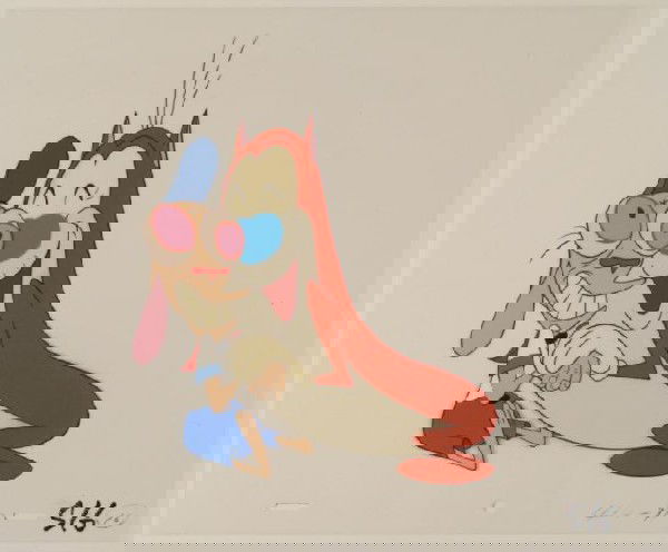 Cel Ren and Stimpy Production Original Hugging Art: This is an original production animation cel from the Nickelodeon TV show Ren & Stimpy. The show follows two characters - Ren, a crazy Chihuahua - and - Stimpy, an incredibly stupid