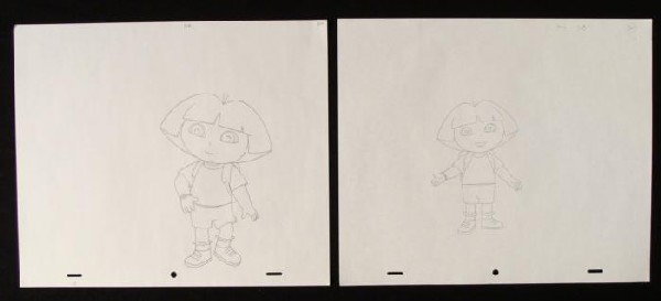 2 Dora The Explorer Orig Animation Drawings Backpack: These two original drawings were used in the production of the animated series Dora the Explorer. Each one is a unique image, from which an animation cel was inspired or created. Dora is seen here wit