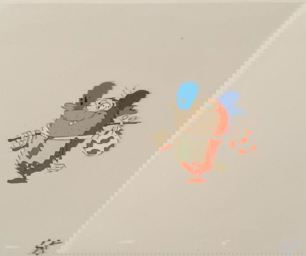 Production Hitchhiking Original Ren and Stimpy Cel Art: This is an original production animation cel from the Nickelodeon TV show Ren & Stimpy. The show follows two characters - Ren, a crazy Chihuahua - and - Stimpy, an incredibly stupid