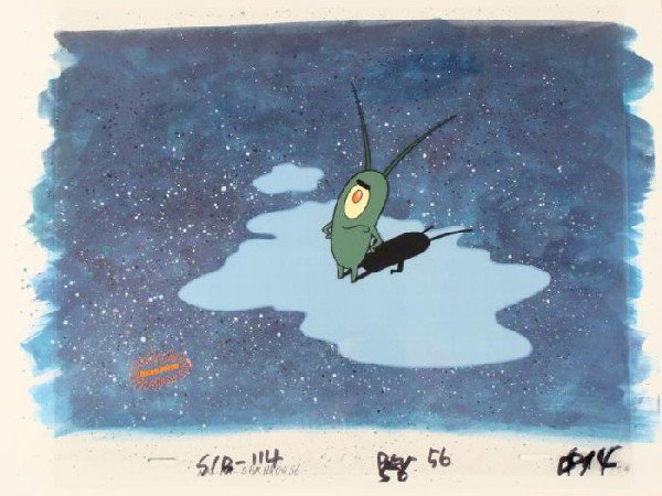 Plankton Original SpongeBob Animation Cel Background: This animation cel and reproduction background are from the Nickelodeon TV show SpongeBob Squarepants. The story takes place under the deep blue sea in Bikini Bottom, where Sponge