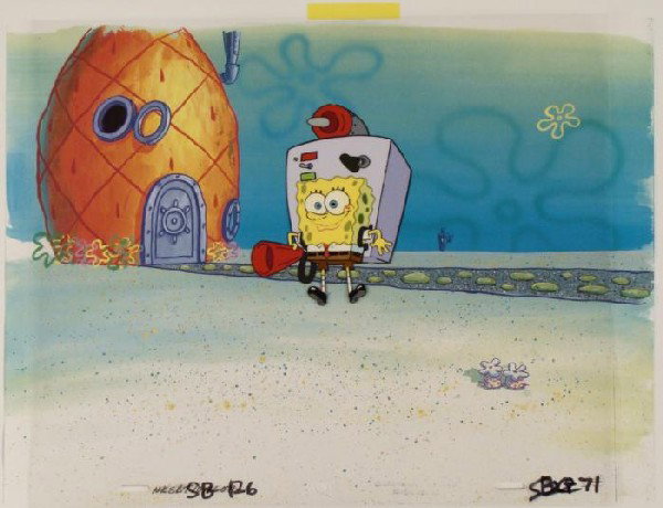 On Back Production Cel Background SpongeBob Original: This animation cel and reproduction background are from the Nickelodeon TV show SpongeBob Squarepants. The story takes place under the deep blue sea in Bikini Bottom, where Sponge