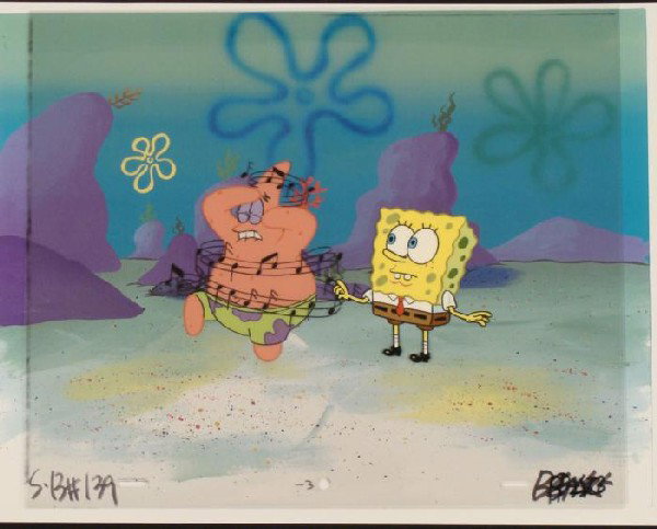 Music Original Background Cel SpongeBob Art Production: This animation cel and reproduction background are from the Nickelodeon TV show SpongeBob Squarepants. The story takes place under the deep blue sea in Bikini Bottom, where Sponge