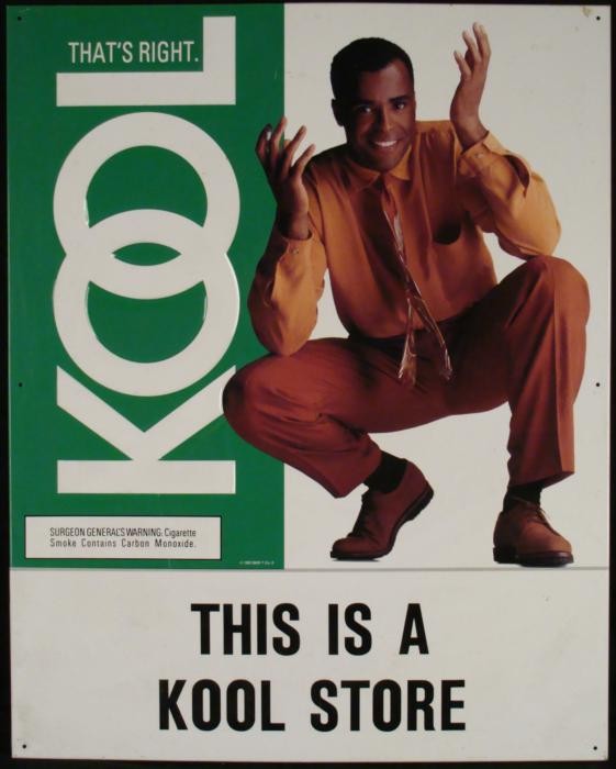 Kool Store Cigarette Advertising Signs Black: This is a perfect sign if you have a "Kool Store." Your store or home will look cool with this Kool advertising sign, featuring a Kool guy. The sign is metal, with sunken lettering, 23 1/2 x 29 1/2 in