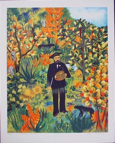 Vibrant HOMAGE TO ROUSSEAU Signed LE Art Print: This interesting print, showing elements of many famous Henri Rousseau paintings (Self-Portrait from L'ile Saint Louis, The Dream and other images from the jungle paintings), is a fine art print on Ar