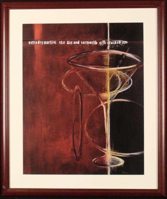 Martini Vermouth Bar Poster Print Putnam Framed: This print is from a stylish painting, with overlapping glasses, and text across the top. Artist: Putnam Medium: Poster print Image size: 15 3/4 x 19 3/4 inches Framing: Matted in white, in mahogany t