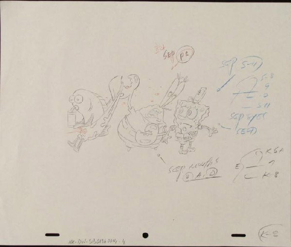 Original Drawing SpongeBob & Mr Krabs Talking Animation: This original animation art pencil drawing was done for SpongeBob Squarepants. The notations say various letters and numbers. Shown here is Mr. Krabs and SpongeBob talking. The story takes 