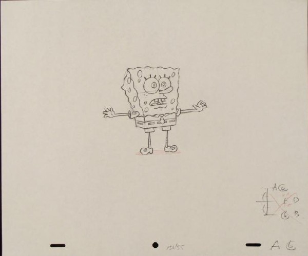 SpongeBob Arms Out Drawing Art Animation Original: This original animation art pencil drawing was done for SpongeBob Squarepants. The notations say various letters and numbers . Shown here is with his arms out. The story takes pl