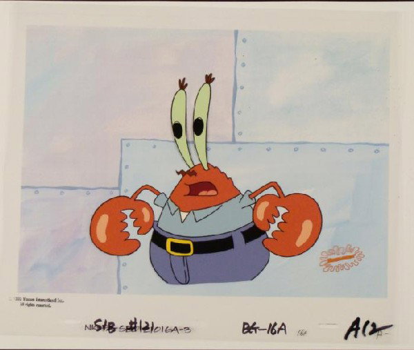 Shocked Background Cel Art Original SpongeBob Animation: This animation cel and reproduction background are from the Nickelodeon TV show SpongeBob Squarepants. The story takes place under the deep blue sea in Bikini Bottom, where Sponge