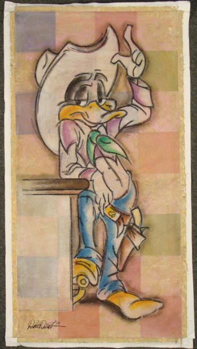 Dick Duerrstein Daffy Duck Cowboy Orig Cartoon Painting: Here's an original painting of a rather daffy cowboy it's Daffy Duck! Animation artist Dick Duerrstein knows how to capture Daffy at his favorite saloon, and he also gives this piece a Modern Art flai