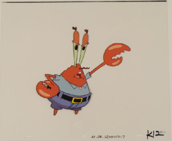 Original Mr Krabs Claw Up Animation Cel SpongeBob Art: This original animation cel is from the Nickelodeon TV show SpongeBob Squarepants. The story takes place under the deep blue sea in Bikini Bottom, where SpongeBob resides. Sp