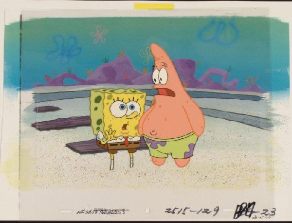 Animation Talk Friend SpongeBob Original Cel Background: This animation cel and reproduction background are from the Nickelodeon TV show SpongeBob Squarepants. The story takes place under the deep blue sea in Bikini Bottom, where Sponge