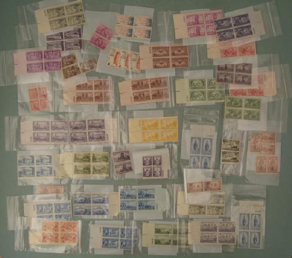 Commemorative Plate Block Stamps Collection 1930s-: Here is a collection of assorted plate block stamps, with a few separate stamps. These stamps commemorate various things, such as Arbor Day, 1932, Nato, and the anniversary of AAA from 1952. They are