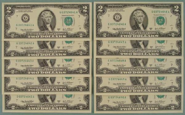 (10) Consec# 2003A $2 Notes Two Dollar Chicago Bills CU: (10) 2003-A $2 NotesMint mark: G (Chicago) Grade: Crisp Uncirculated The dollars you see pictured are different from the ones you will receive
