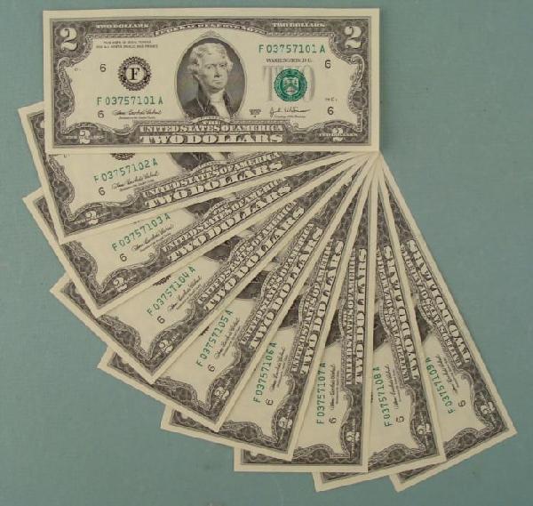 (9) Consec# 2003 $2 Notes Two Dollar Atlanta F Bills CU: (9) 2003 $2 NotesMint mark: F (Atlanta) Grade: Crisp UncirculatedThe dollars you see pictured are different from the ones you will receive