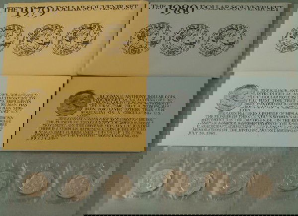1979+1980 SBA Dollar Souvenir (2) Sets US Treasury Dept: 1979 + 1980 Susan B. Anthony Dollar Souvenir (2) Sets US Treasury DeptIncludes set of 3 dollar coins per envelope