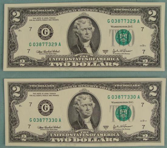 2) 2003 A Consec # Two Dollar Bills $2 Notes G Mint IL: 2) 2003-A $2 Notes with consecutive serial numbers Mint mark: G (Chicago)