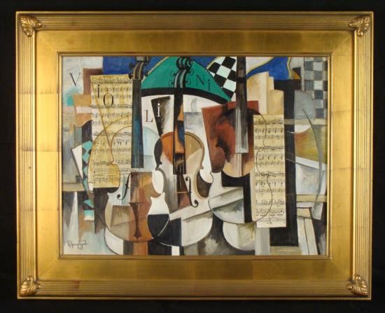 Aram Koupetzian Original Cubist Oil Painting Violin: This is an original painting by artist Aram Koupetzian. This is a picture of a violin, and the word "violini" can be seen in uneventy placed letters. The repetitive images of the instrument reflect th