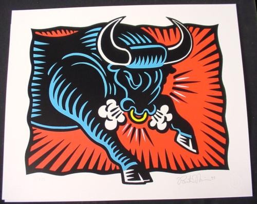 BULL Morris HERD ON Wall STREET Pop Art Stock Market: This dynamic image is from popular Pop artist Burton Morris' "HERD ON THE STREET PORTFOLIO" - "The Bull" 1997 Screenprint (serigraph) on paper Signed by the artist and numbered from an edition of 375 