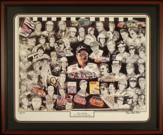 Signed ROBERT STEPHEN SIMON Art Print Legends of Racing: Offered here is a signed, limited edition print by renowned commercial and graphic artist, Robert Stephen Simon. This print highlights many legends of stock car racing. The print features numerous bla
