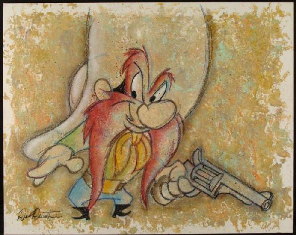 Dick Duerrstein Orig Yosemite Sam Painting Cartoon Art: This original painting portrays that rambunctious character Yosemite Sam. Artist Dick Duerrstein captures that Don't Mess With Me gaze, and gives it a nice background of Western tones and colors. Art