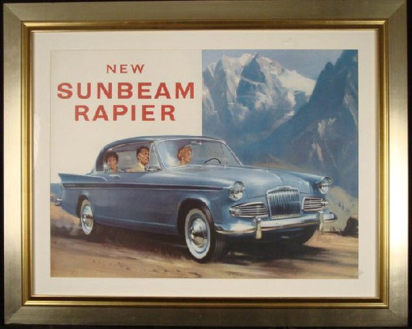Sunbeam Rapier Vintage Car Advertising Poster 1960s: This poster was made to promote the new Sunbeam Rapier. This two-door four seater coupe was made in England, inspired by Raymond Loewy design. The image puts a woman behind the wheel, heading into the
