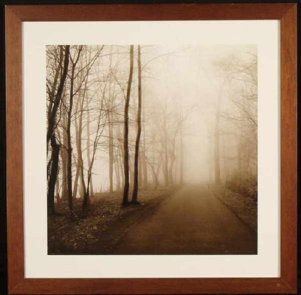 Misty Forest Nature Photograph Framed: This is a photograph of a misty forest road, and the haze in the cold atmosphere is captured perfectly. Medium: Sepia tone photographic print on paper Image size: 16 x 16 inches Framing: In brown wood