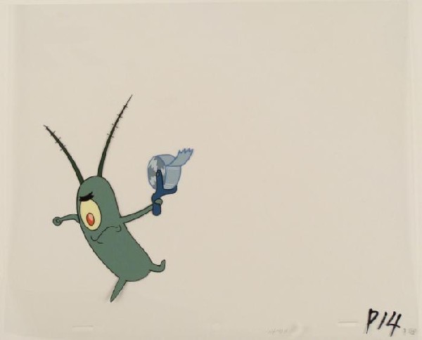 Original Animation Cel SpongeBob Running With Tape Art: This original animation cel is from the Nickelodeon TV show SpongeBob Squarepants. The story takes place under the deep blue sea in Bikini Bottom, where SpongeBob resides. Sp