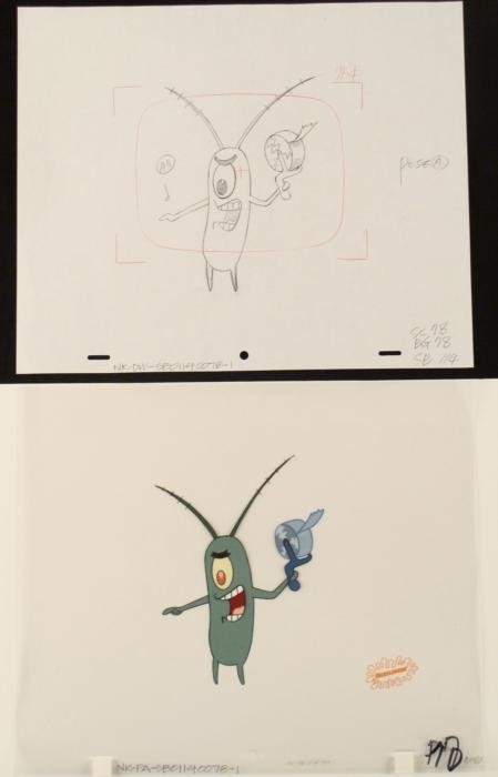 Cel Drawing Original SpongeBob Production Point Down: This original animation cel is from the Nickelodeon TV show SpongeBob Squarepants. The story takes place under the deep blue sea in Bikini Bottom, where SpongeBob resides. Sp