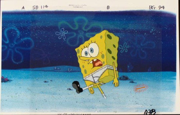Background Cel Yelling SpongeBob Art Original Animation: This animation cel and reproduction background are from the Nickelodeon TV show SpongeBob Squarepants. The story takes place under the deep blue sea in Bikini Bottom, where Sponge
