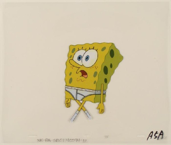 Cel Walking In Underwear SpongeBob Original Production: This original animation cel is from the Nickelodeon TV show SpongeBob Squarepants. The story takes place under the deep blue sea in Bikini Bottom, where SpongeBob resides. Sp