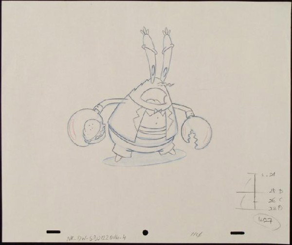 Mr Krabs Suit Original SpongeBob Drawing Art Animation: This original animation art pencil drawing was done for SpongeBob Squarepants. The notations say various letters and numbers. Shown here is Mr. Krabs in suit. The story takes place under th