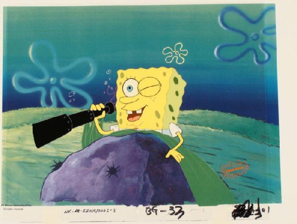 Cel Original Spy SpongeBob Background Production Art: This animation cel and reproduction background are from the Nickelodeon TV show SpongeBob Squarepants. The story takes place under the deep blue sea in Bikini Bottom, where Sponge