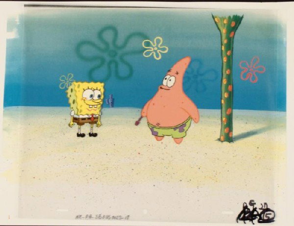 Look Up Original SpongeBob Art Cel Background Animation: This animation cel and reproduction background are from the Nickelodeon TV show SpongeBob Squarepants. The story takes place under the deep blue sea in Bikini Bottom, where Sponge
