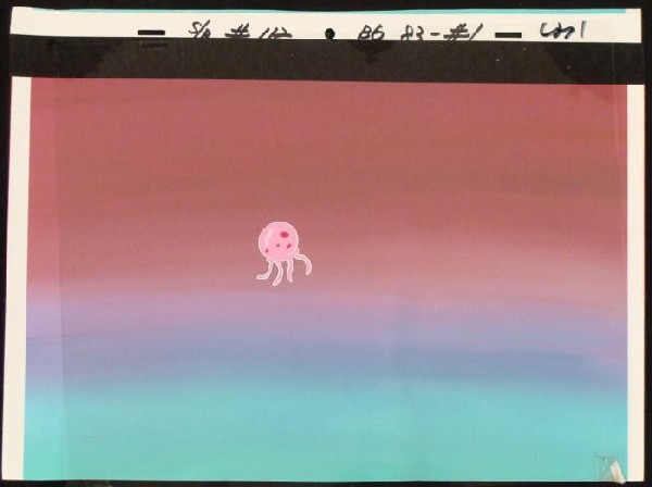 Original Background Jellyfish SpongeBob Production Cel: This original hand-painted background and animation cel are from the Nickelodeon TV show SpongeBob Squarepants. The story takes place under the deep blue sea in Bikini B