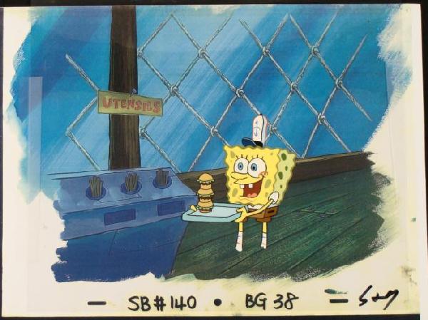 Production Serving Original SpongeBob Background Cel: This animation cel and reproduction background are from the Nickelodeon TV show SpongeBob Squarepants. The story takes place under the deep blue sea in Bikini Bottom, where Sponge