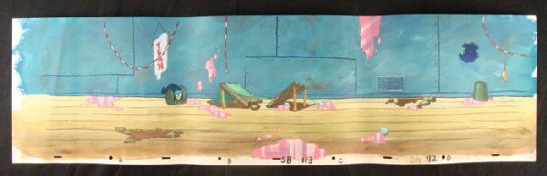 Spongebob Original Production Party Crashers Background: This original hand-painted background from the Nickelodeon TV show SpongeBob Squarepants. The story takes place under the deep blue sea in Bikini Bottom, where SpongeBob resi