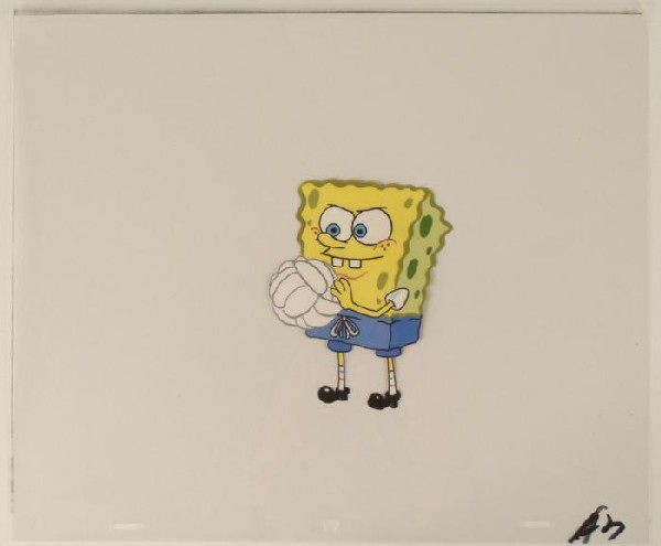 SpongeBob Holding Volleyball Original Animation Cel Art: This original animation cel is from the Nickelodeon TV show SpongeBob Squarepants. The story takes place under the deep blue sea in Bikini Bottom, where SpongeBob resides. Sp
