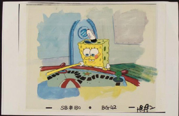 SpongeBob Tongue Out Background Animation Cel Original: This animation cel and reproduction background are from the Nickelodeon TV show SpongeBob Squarepants. The story takes place under the deep blue sea in Bikini Bottom, where Sponge