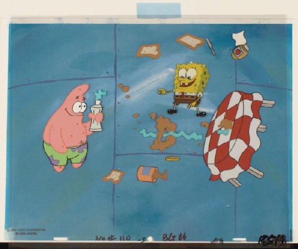 SpongeBob Animation Patrick Background Cel Original Art: This animation cel and reproduction background are from the Nickelodeon TV show SpongeBob Squarepants. The story takes place under the deep blue sea in Bikini Bottom, where Sponge