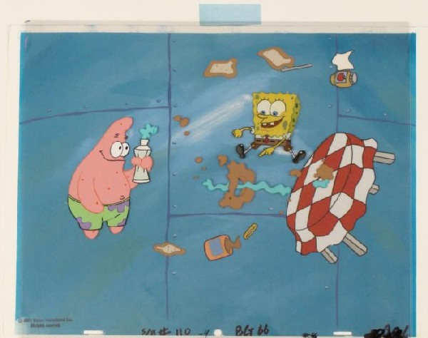 SpongeBob Original Mess Background Cel Animation Art: This animation cel and reproduction background are from the Nickelodeon TV show SpongeBob Squarepants. The story takes place under the deep blue sea in Bikini Bottom, where Sponge