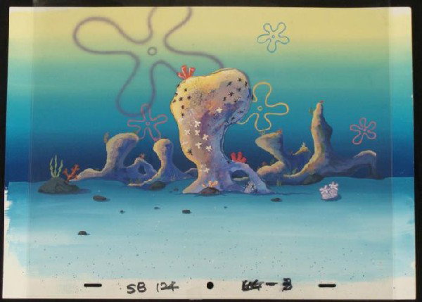 Background Cel SpongeBob Original Production Rocks Art: This original hand-painted background and animation cel are from the Nickelodeon TV show SpongeBob Squarepants. The story takes place under the deep blue sea in Bikini B
