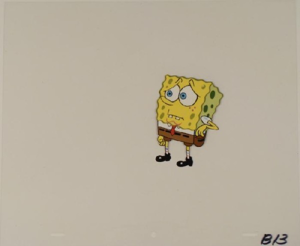 Spongebob Shot Down Original Production Art Cel: This original animation cel is from the Nickelodeon TV show SpongeBob Squarepants. The story takes place under the deep blue sea in Bikini Bottom, where SpongeBob resides. Sp