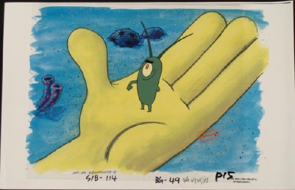 In Hand SpongeBob Original Animation Art Background Cel: This original hand-painted background and animation cel are from the Nickelodeon TV show SpongeBob Squarepants. The story takes place under the deep blue sea in Bikini B