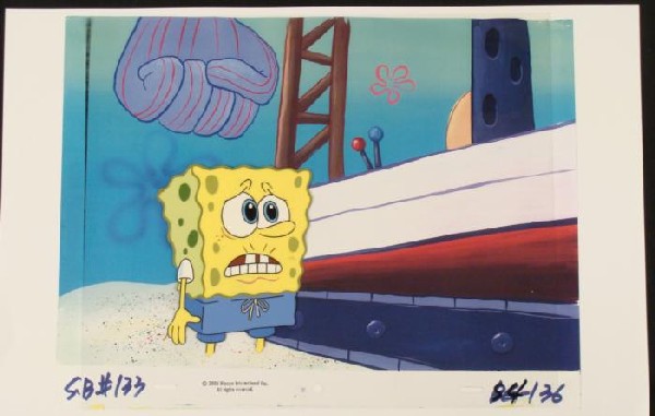 SpongeBob Background Cel Pleading Original Animation: This animation cel and reproduction background are from the Nickelodeon TV show SpongeBob Squarepants. The story takes place under the deep blue sea in Bikini Bottom, where Sponge