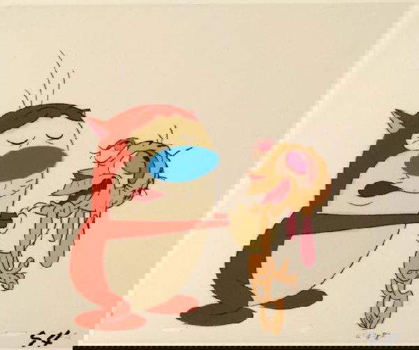 Animation Cel Poor Ren Original Ren and Stimpy Cartoon: This is an original production animation cel from the Nickelodeon TV show Ren & Stimpy. The show follows two characters - Ren, a crazy Chihuahua - and - Stimpy, an incredibly stupid