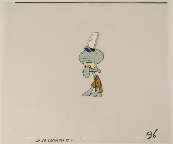 Art SpongeBob Cel Animation Squidward Mad Original: This original animation cel is from the Nickelodeon TV show SpongeBob Squarepants. The story takes place under the deep blue sea in Bikini Bottom, where SpongeBob resides. Sp