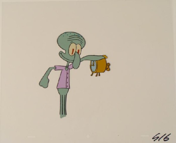 Alarm Clock Squidward Orig Animation SpongeBob Art Cel: This original animation cel is from the Nickelodeon TV show SpongeBob Squarepants. The story takes place under the deep blue sea in Bikini Bottom, where SpongeBob resides. Sp