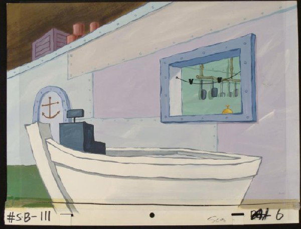 Production Cel SpongeBob Background Original Order Art: This original hand-painted background and animation cel are from the Nickelodeon TV show SpongeBob Squarepants. The story takes place under the deep blue sea in Bikini B