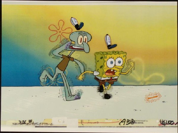 Running Original Cel SpongeBob Art Background Animation: This original hand-painted background and animation cel is from the Nickelodeon TV show SpongeBob Squarepants. The story takes place under the deep blue sea in Bikini Bo
