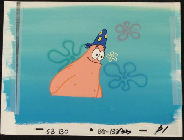 Original Spongebob Background Blue Hat Cel Animation: This original hand-painted background and animation cel is from the Nickelodeon TV show SpongeBob Squarepants. The story takes place under the deep blue sea in Bikini Bo